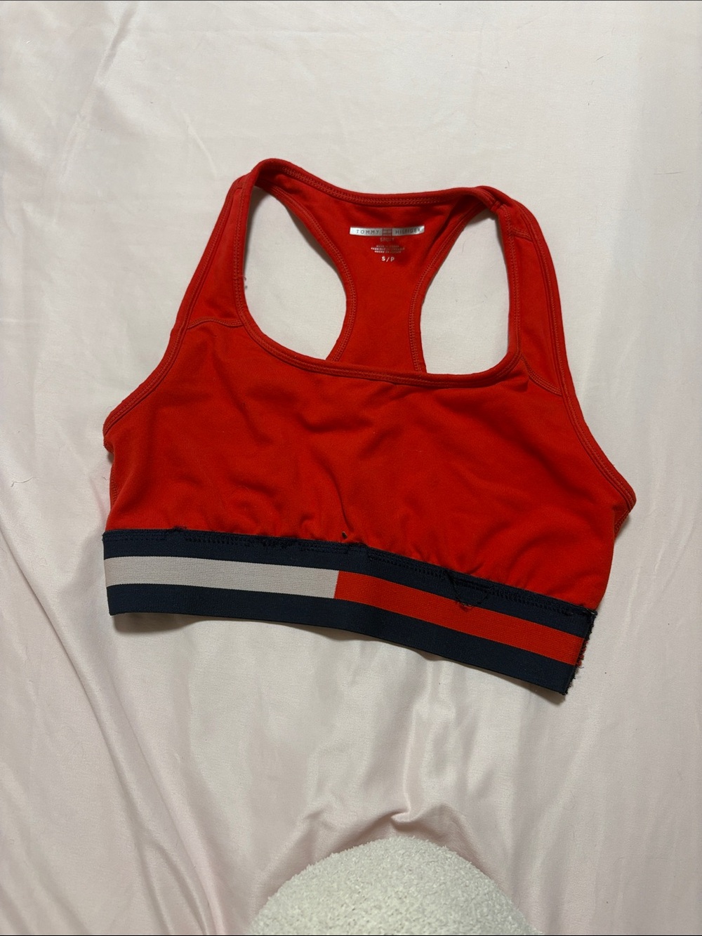 Tommy Hilfiger Red Racerback Sports Bra with Navy & White Striped Band